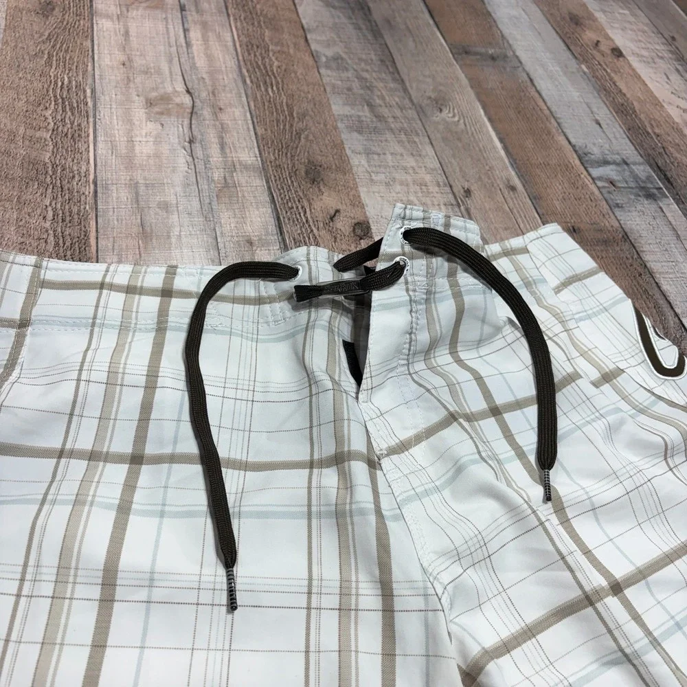 O'Neill Superfreak Board Shorts Mens 36 White Brown Plaid Y2K Surf Swim Trunks